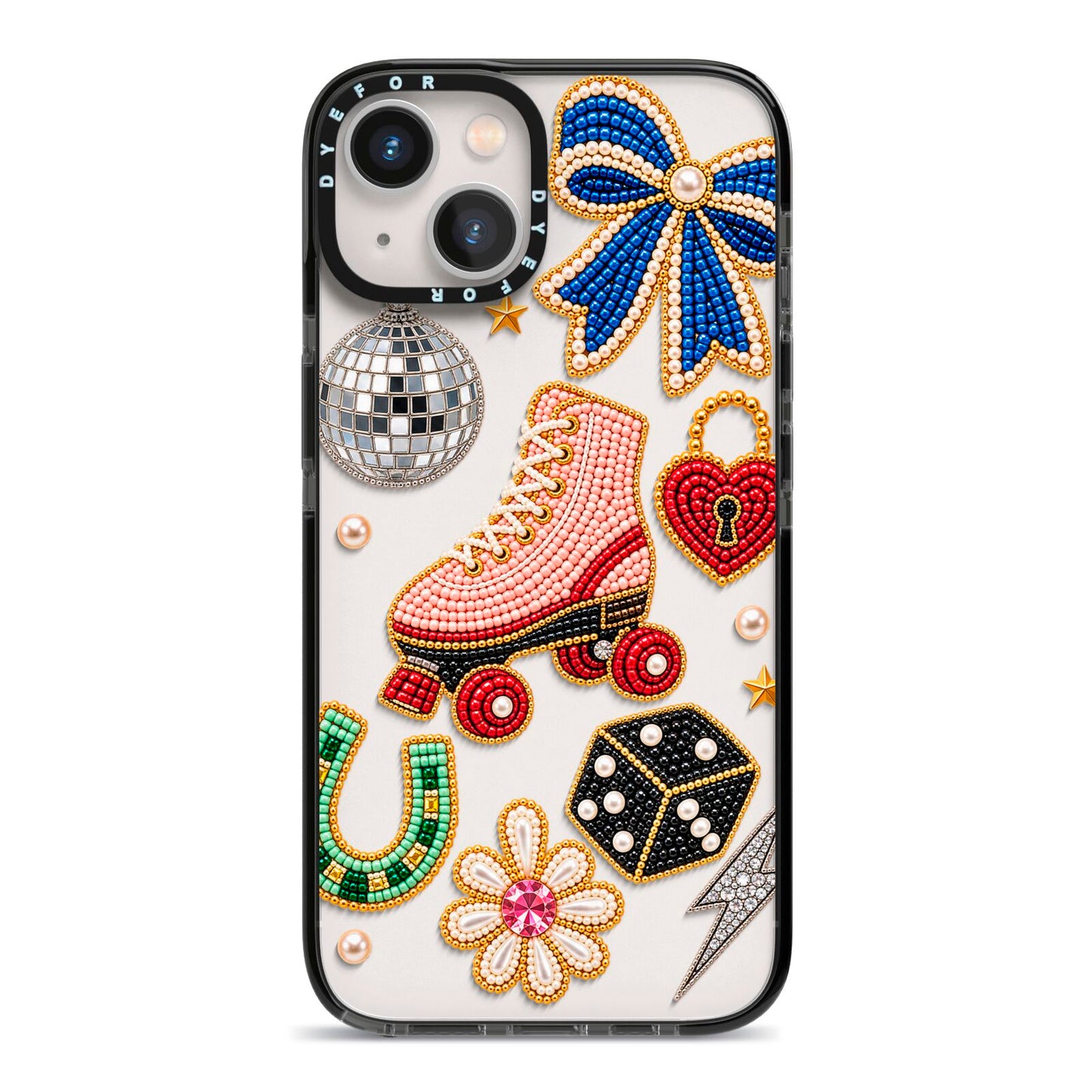 Roller Disco Charms iPhone 13 Black Impact Case on Silver phone
