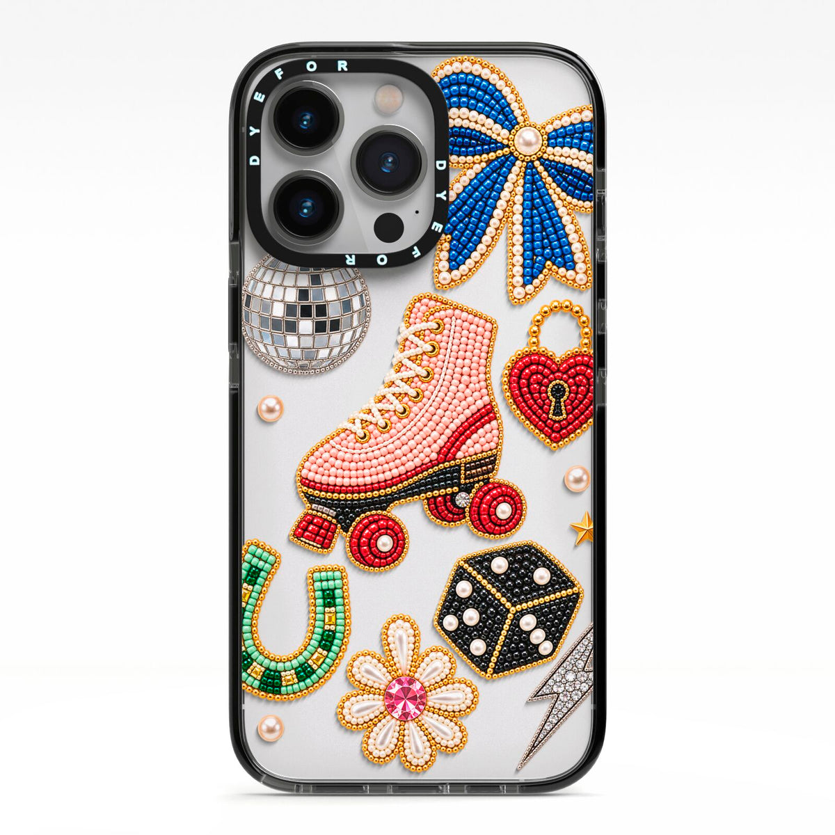 Roller Disco Charms iPhone 13 Pro Black Impact Case on Silver phone