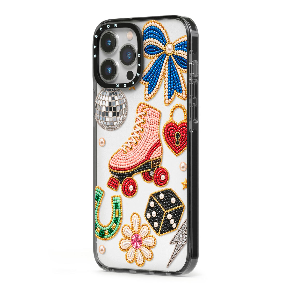 Roller Disco Charms iPhone 13 Pro Max Black Impact Case Side Angle on Silver phone