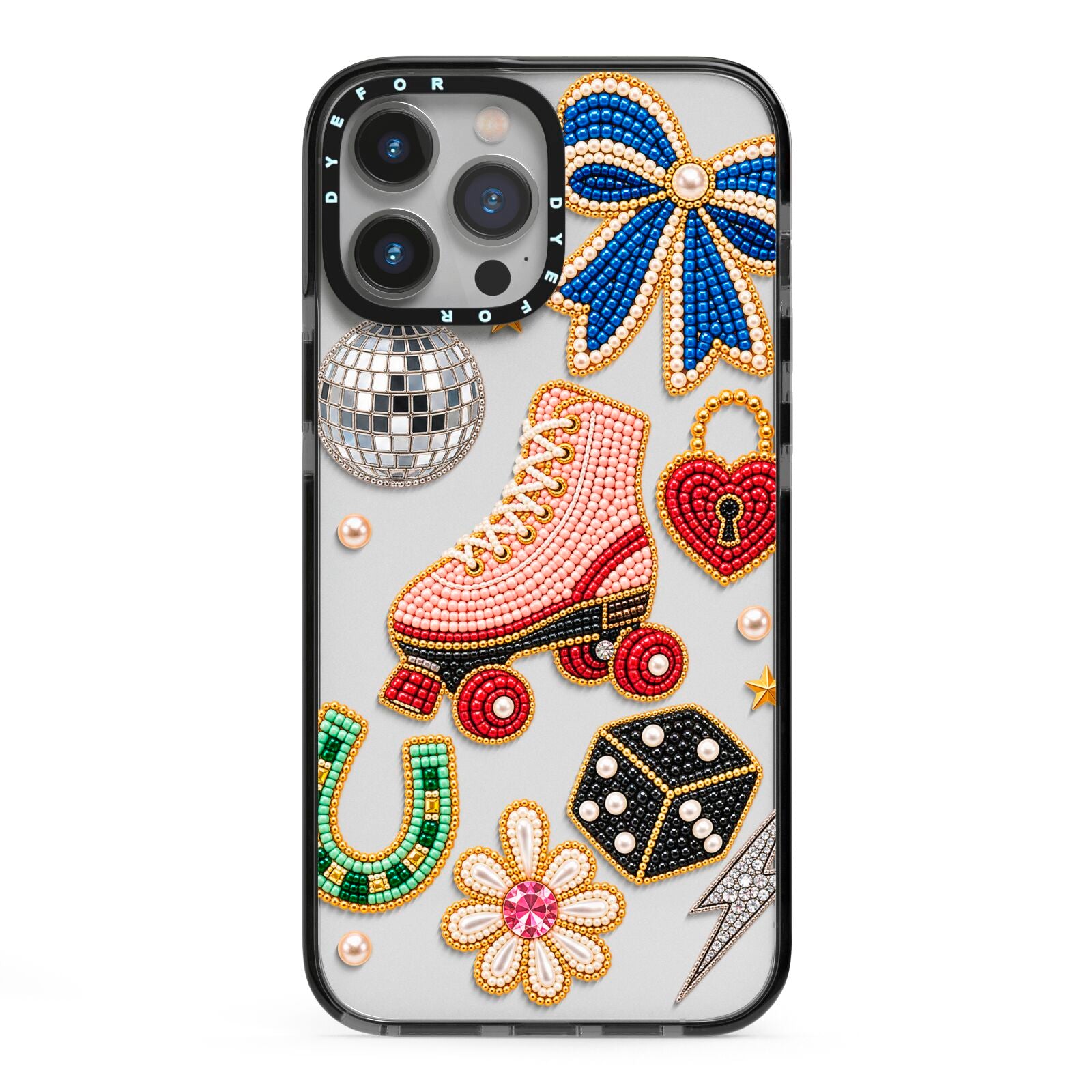 Roller Disco Charms iPhone 13 Pro Max Black Impact Case on Silver phone