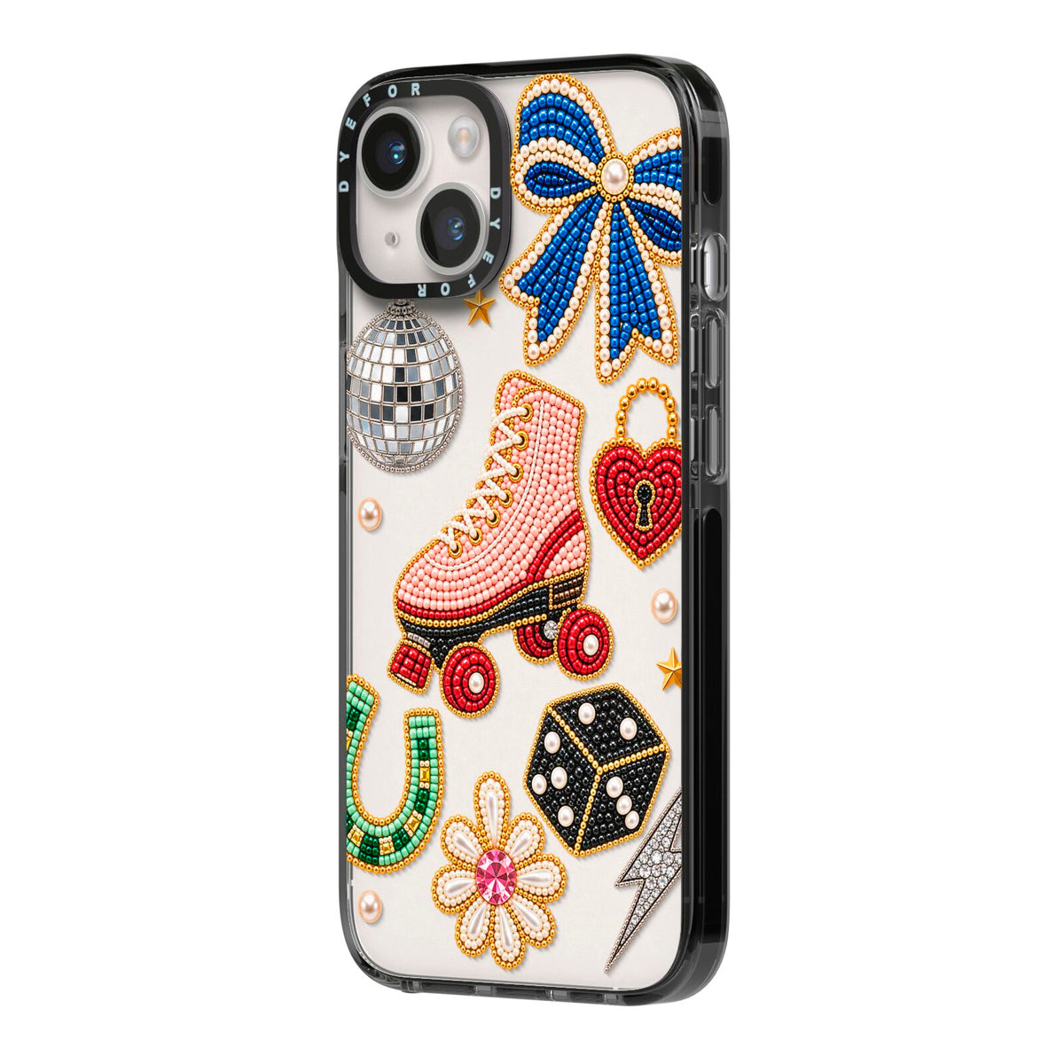 Roller Disco Charms iPhone 14 Black Impact Case Side Angle on Silver phone