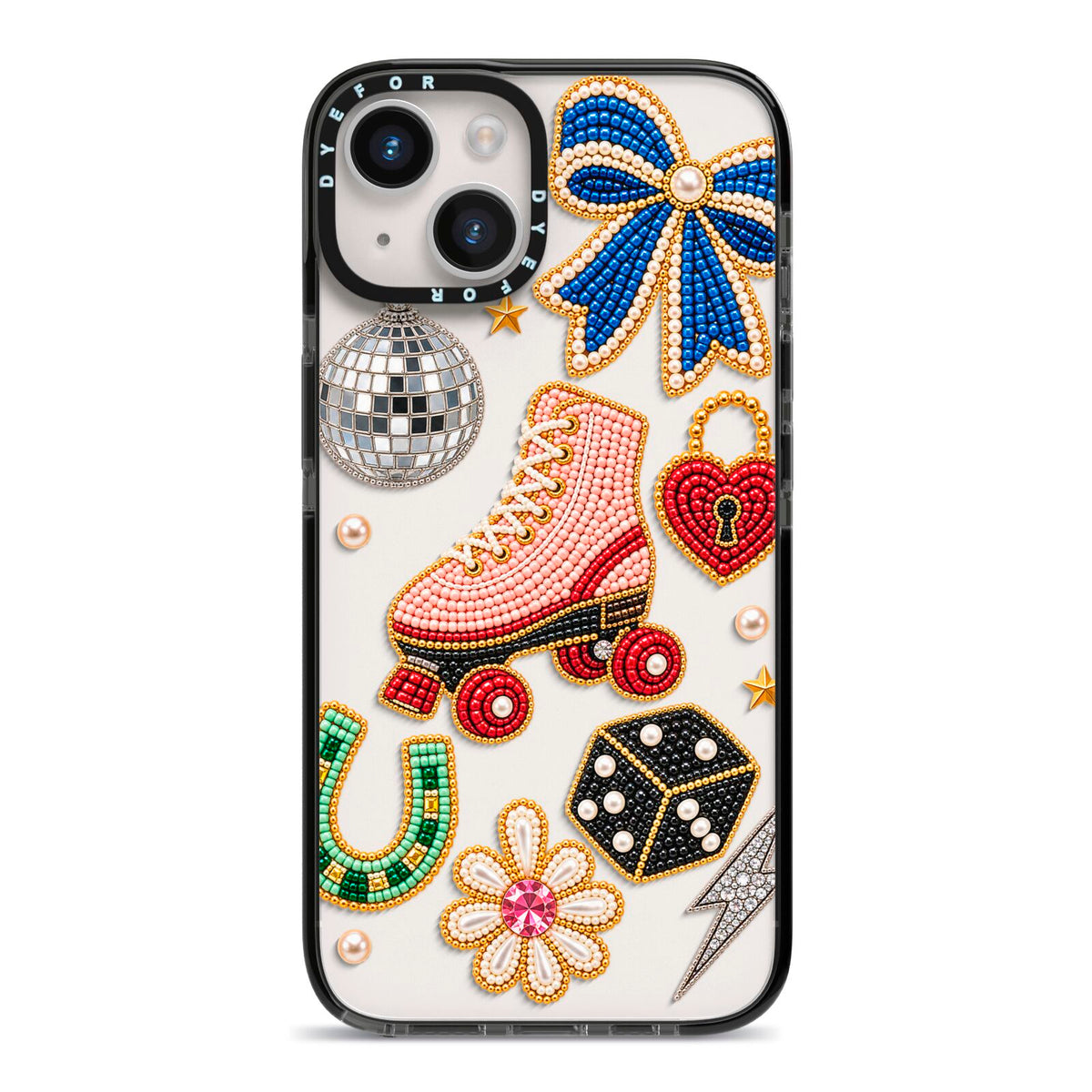 Roller Disco Charms iPhone 14 Black Impact Case on Silver phone