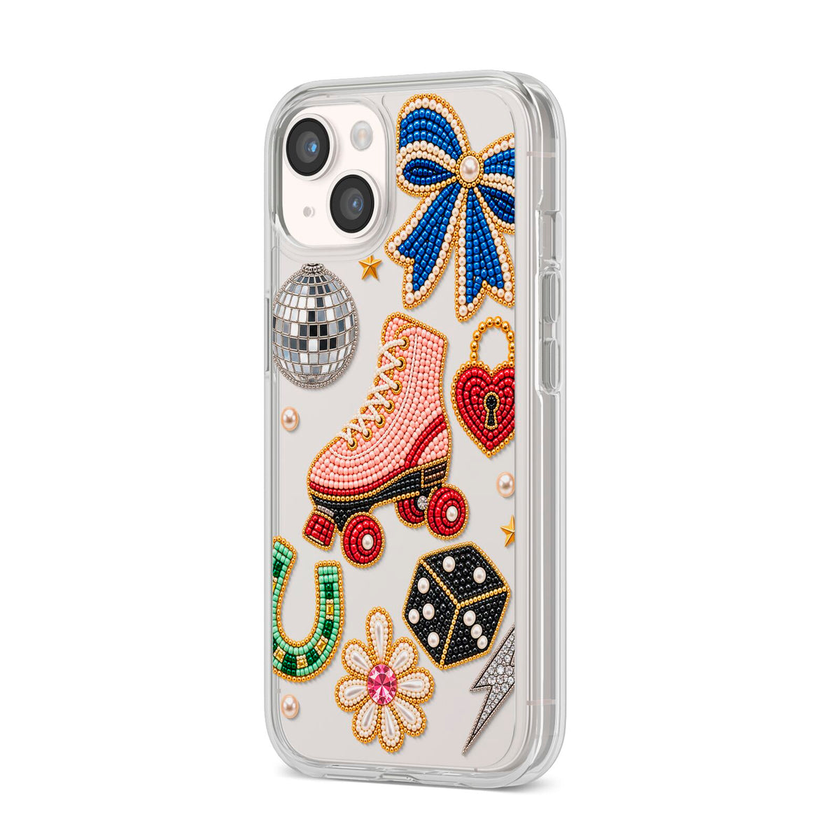Roller Disco Charms iPhone 14 Clear Tough Case Starlight Angled Image