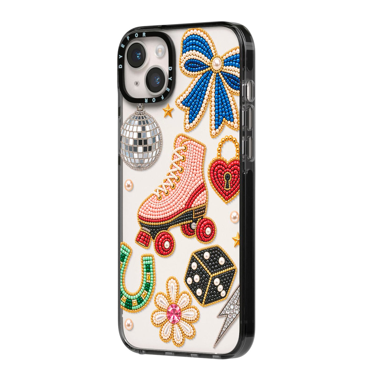 Roller Disco Charms iPhone 14 Plus Black Impact Case Side Angle on Silver phone