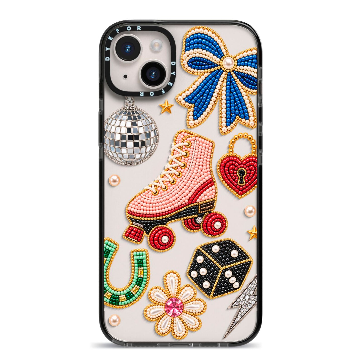 Roller Disco Charms iPhone 14 Plus Black Impact Case on Silver phone