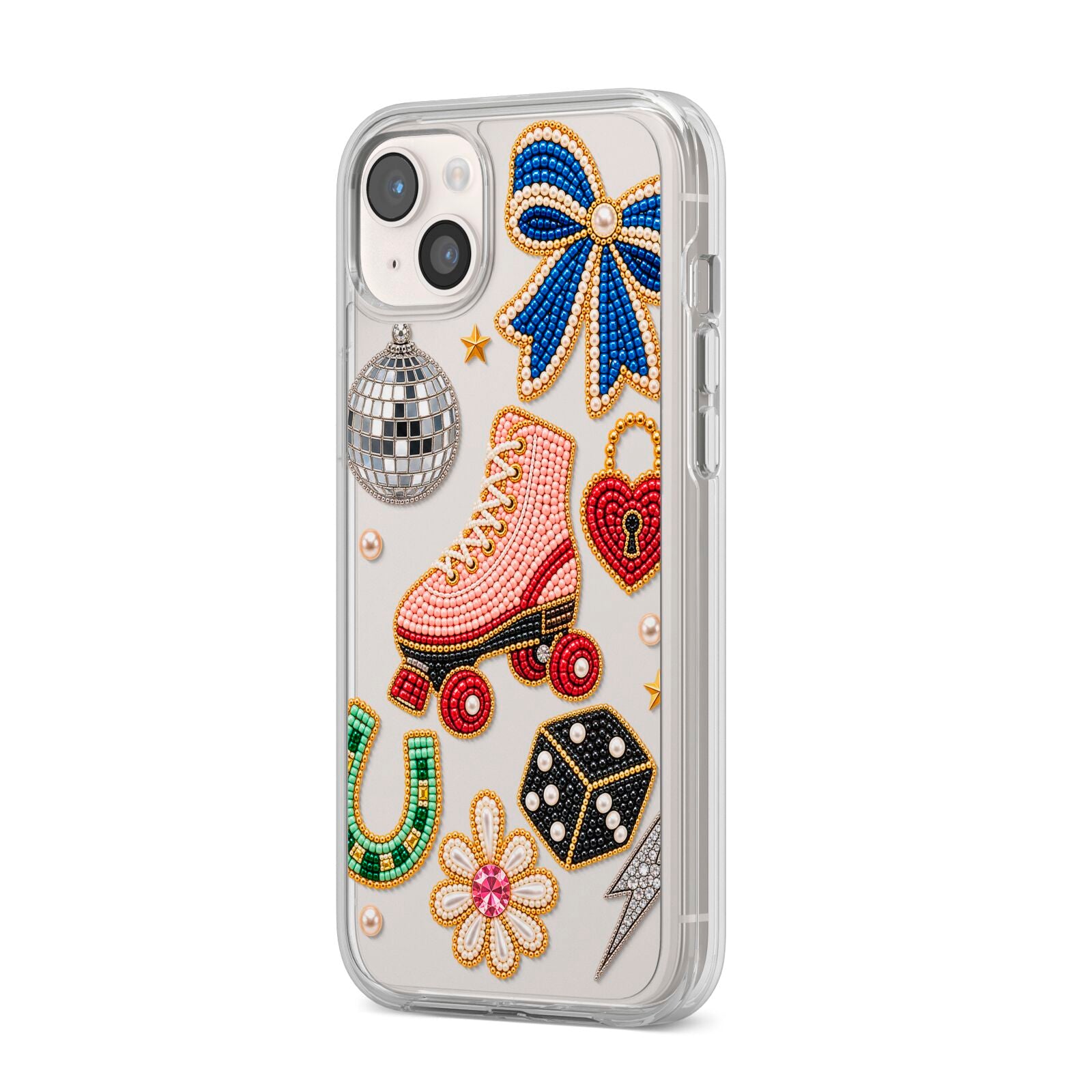 Roller Disco Charms iPhone 14 Plus Clear Tough Case Starlight Angled Image