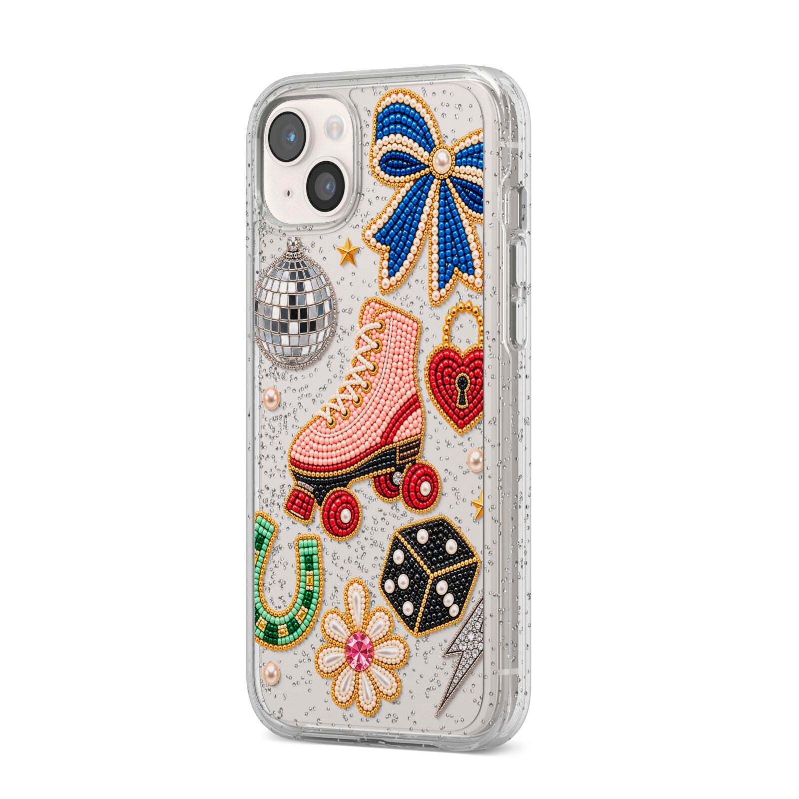 Roller Disco Charms iPhone 14 Plus Glitter Tough Case Starlight Angled Image