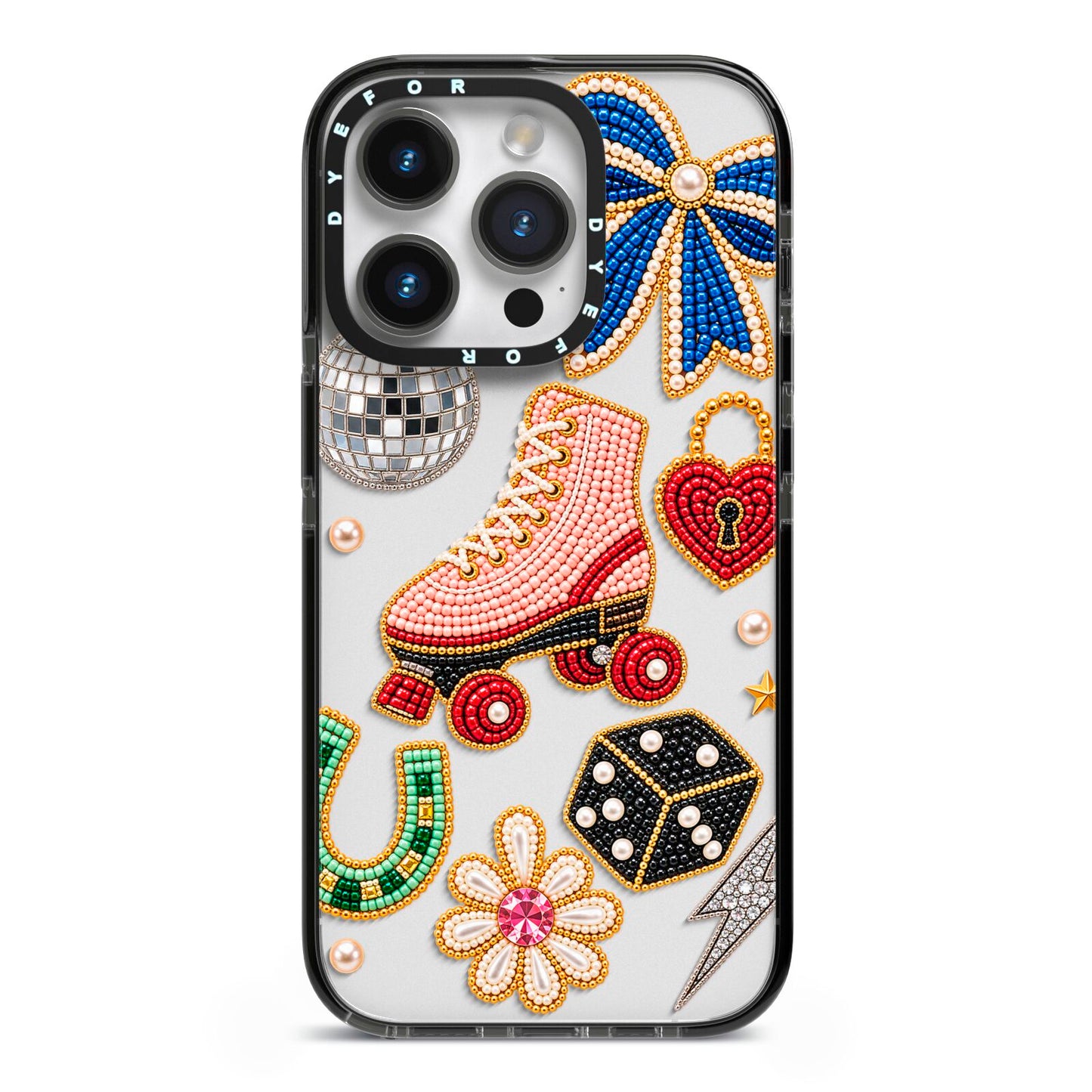 Roller Disco Charms iPhone 14 Pro Black Impact Case on Silver phone
