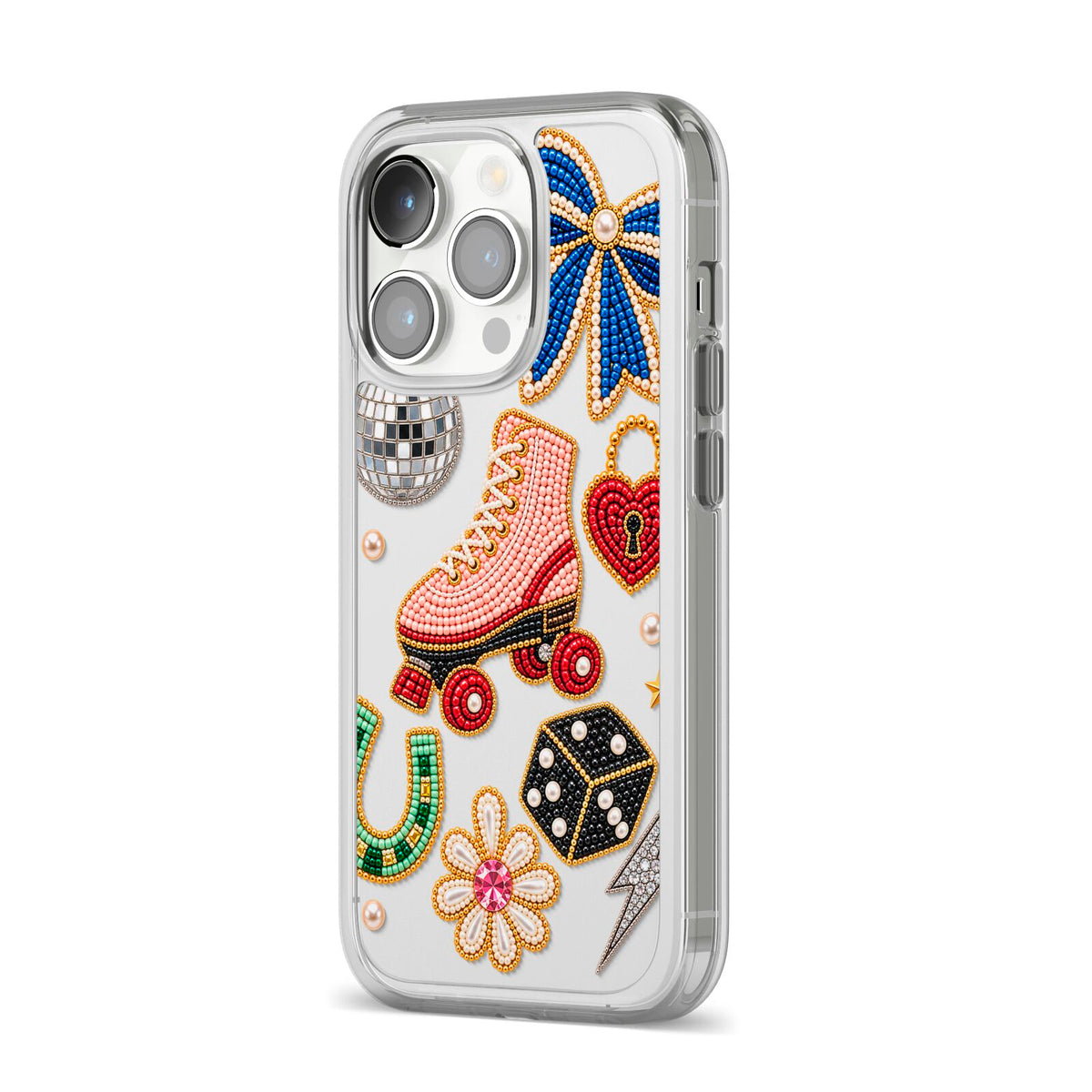 Roller Disco Charms iPhone 14 Pro Clear Tough Case Silver Angled Image