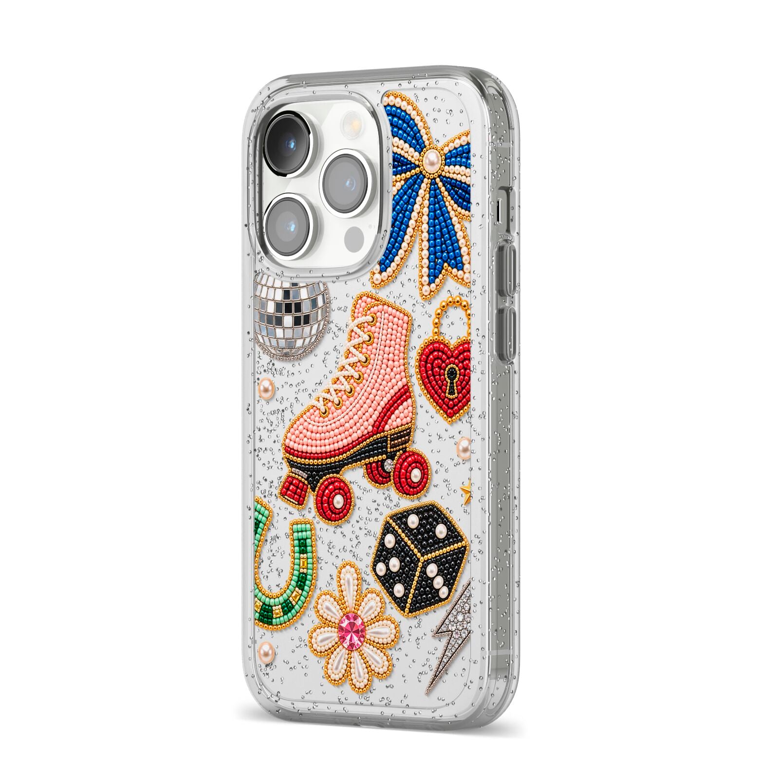 Roller Disco Charms iPhone 14 Pro Glitter Tough Case Silver Angled Image