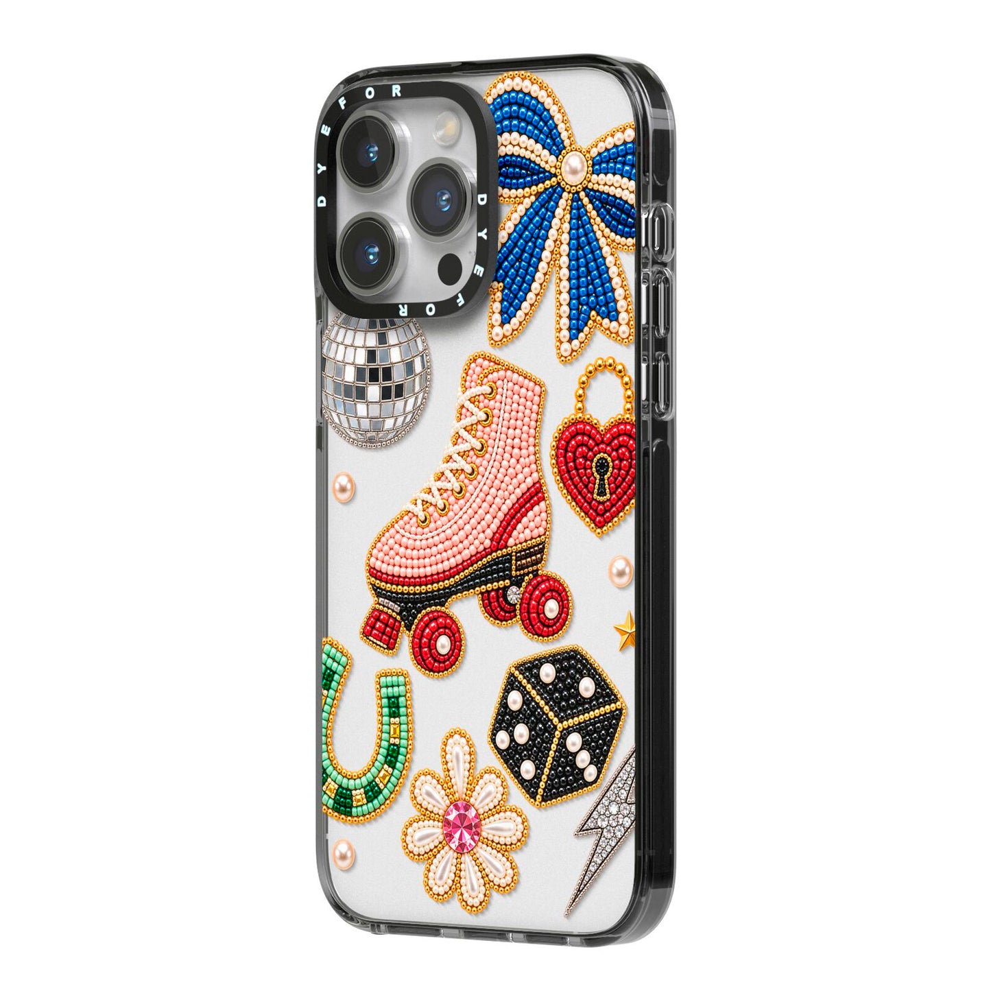 Roller Disco Charms iPhone 14 Pro Max Black Impact Case Side Angle on Silver phone