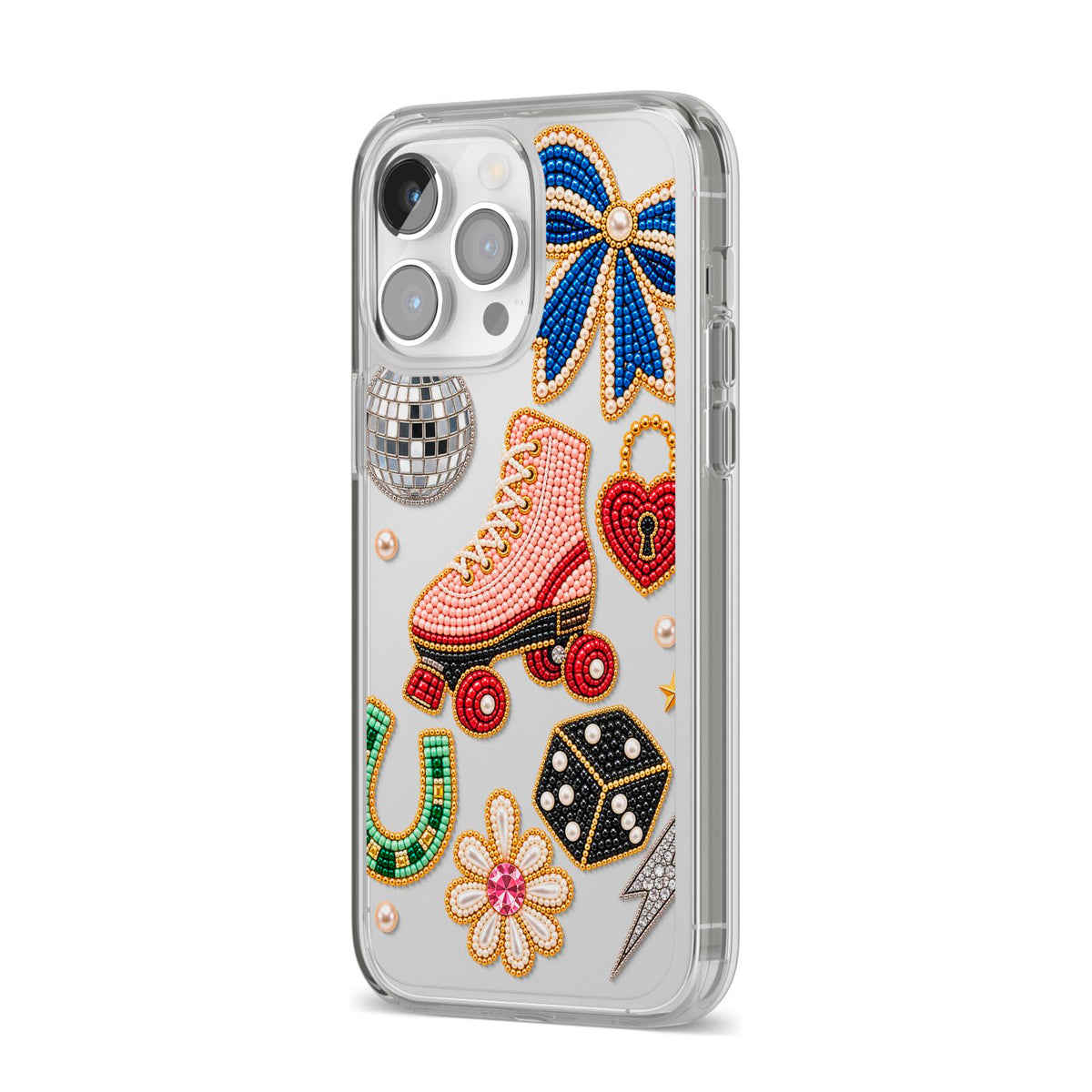 Roller Disco Charms iPhone 14 Pro Max Clear Tough Case Silver Angled Image