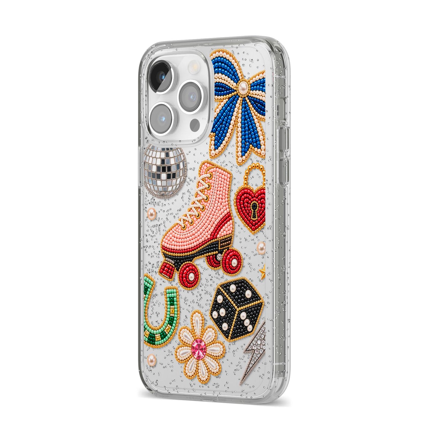 Roller Disco Charms iPhone 14 Pro Max Glitter Tough Case Silver Angled Image