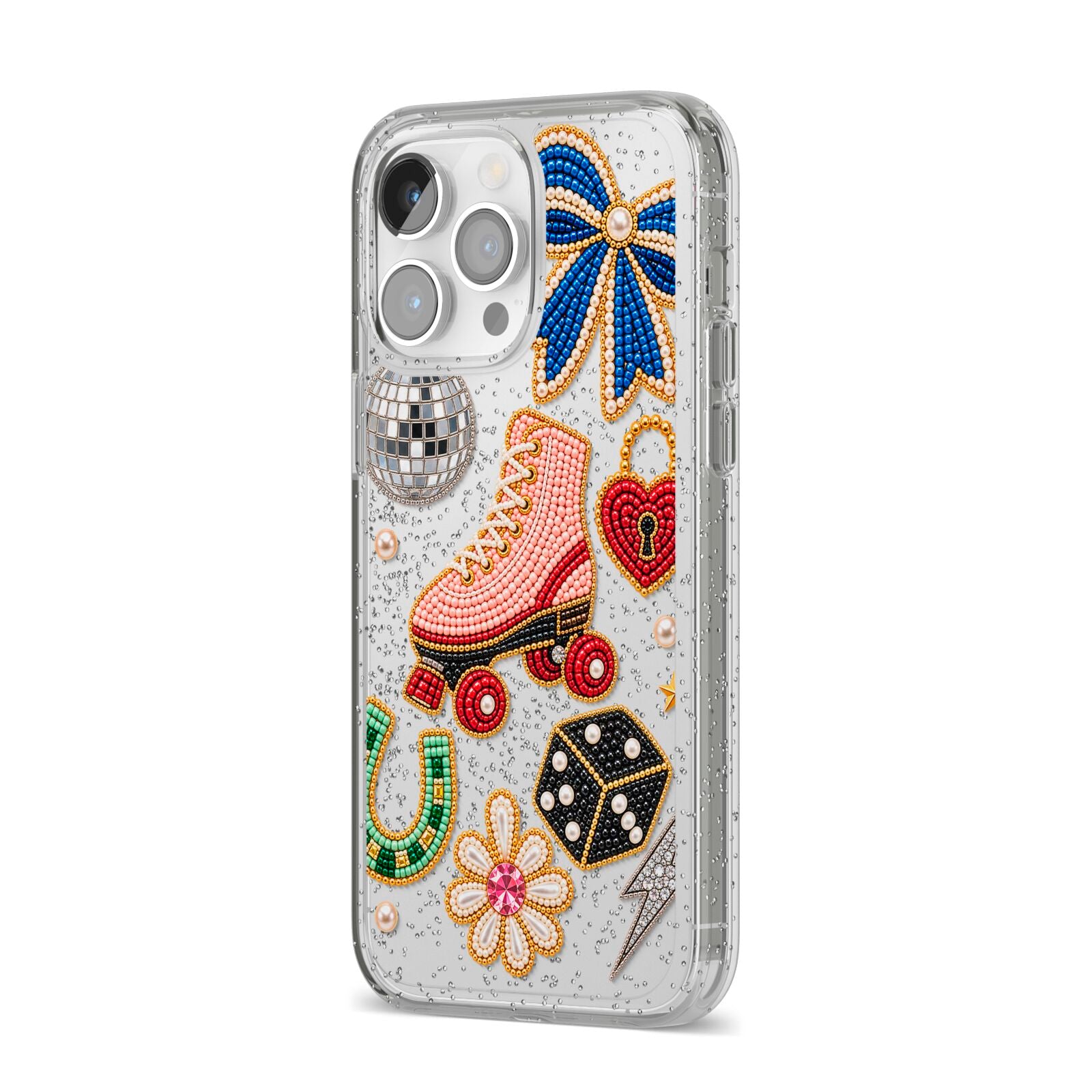 Roller Disco Charms iPhone 14 Pro Max Glitter Tough Case Silver Angled Image