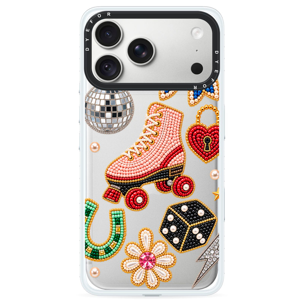Roller Disco Charms iPhone 18 Pro Black Impact Pre order Case on Silver phone