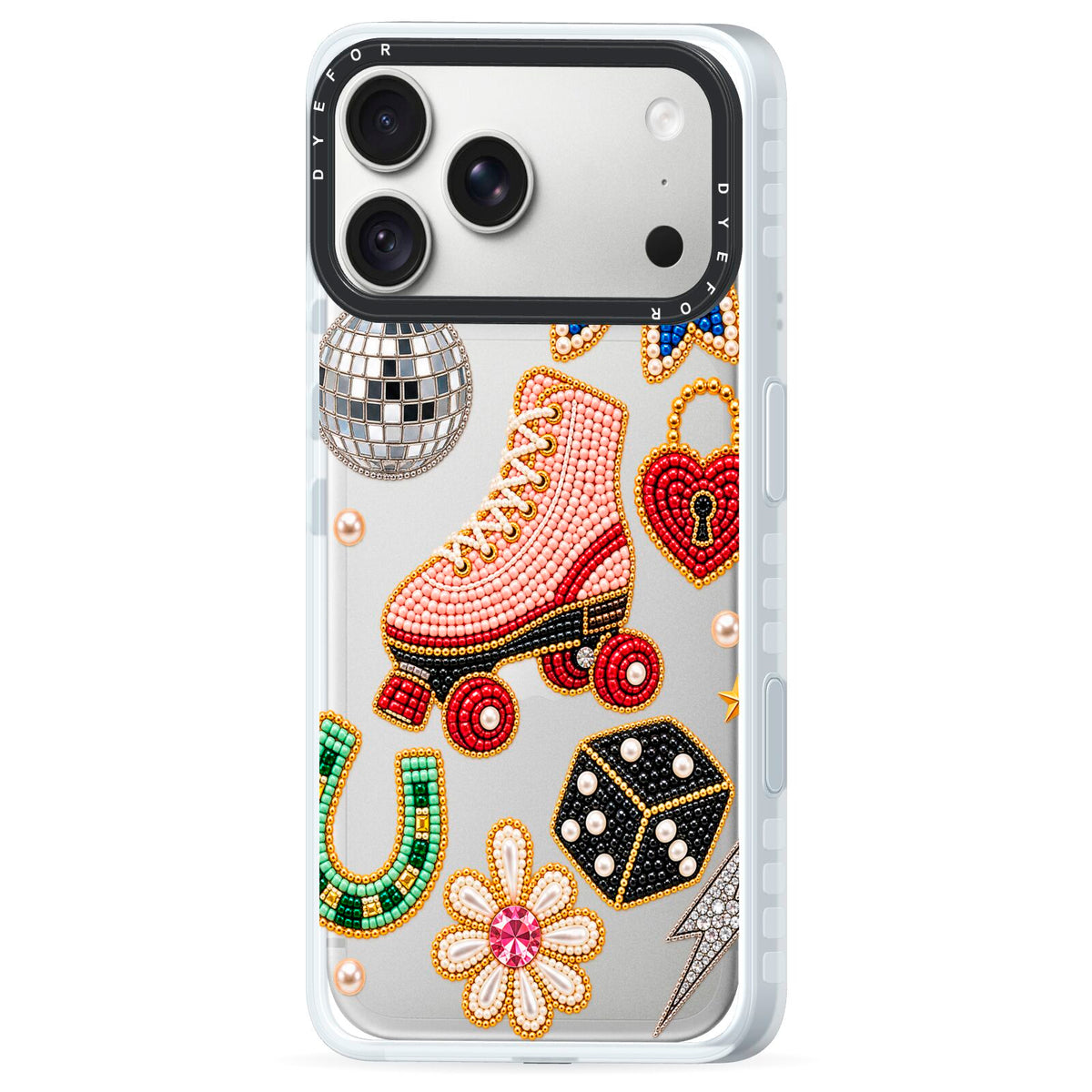 Roller Disco Charms iPhone 18 Pro Max Black Impact Pre order Case Side Angle on Silver phone