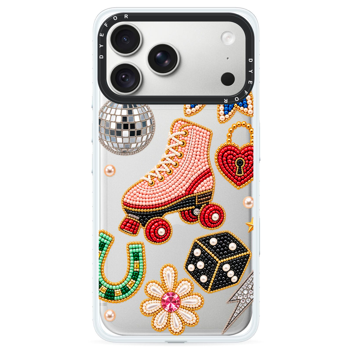 Roller Disco Charms iPhone 18 Pro Max Black Impact Pre order Case on Silver phone