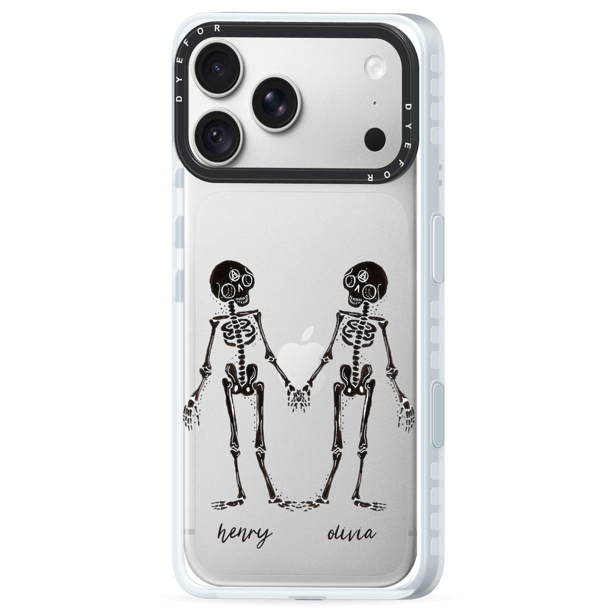 Romantic Skeletons Personalised iPhone 18 Pro Black Impact Pre order Case Side Angle on Silver phone