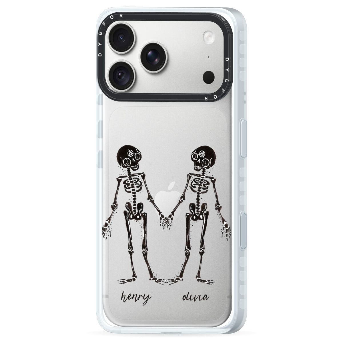Romantic Skeletons Personalised iPhone 18 Pro Max Black Impact Pre order Case Side Angle on Silver phone