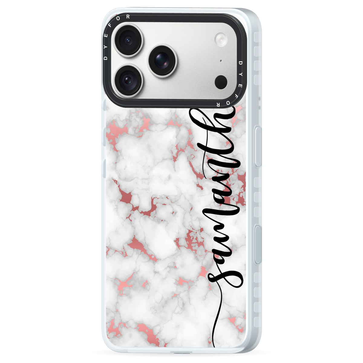 Rose Gold Marble Vertical Black Personalised Name iPhone 18 Pro Black Impact Pre order Case Side Angle on Silver phone