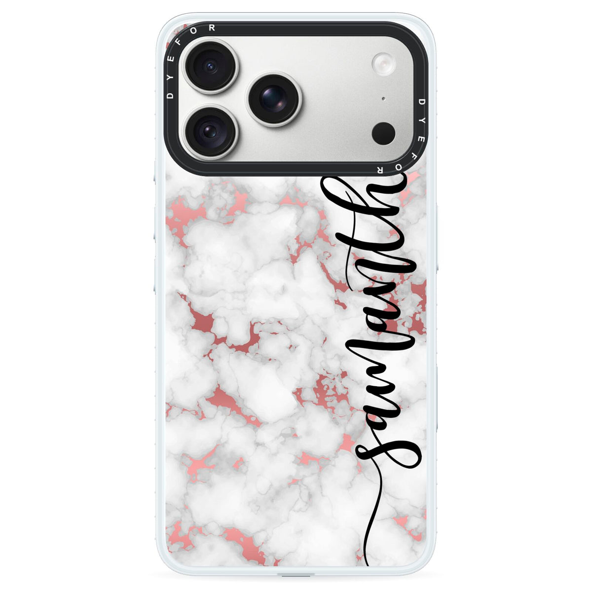Rose Gold Marble Vertical Black Personalised Name iPhone 18 Pro Black Impact Pre order Case on Silver phone