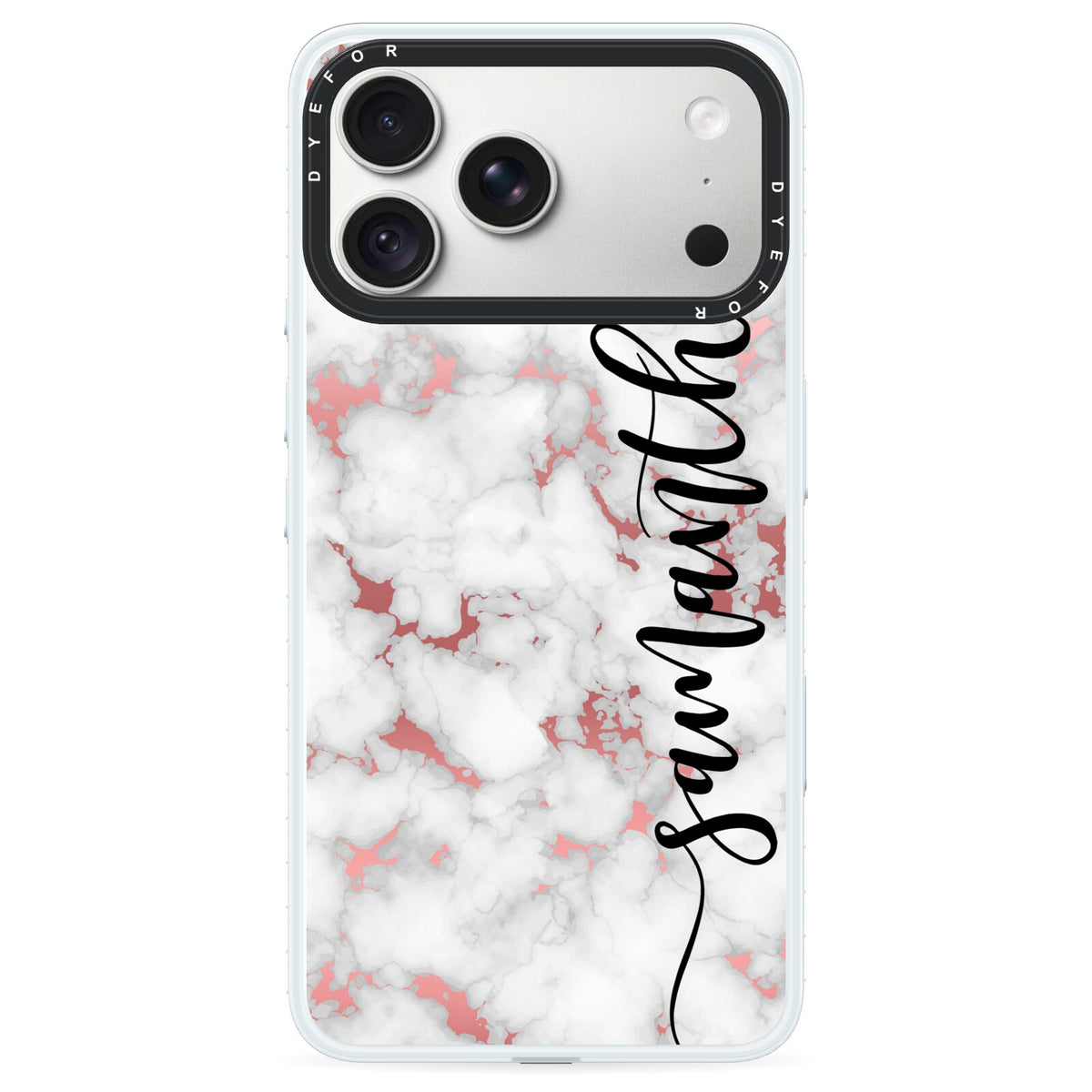 Rose Gold Marble Vertical Black Personalised Name iPhone 18 Pro Max Black Impact Pre order Case on Silver phone