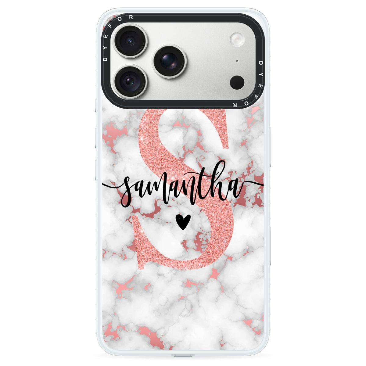 Rose Gold Personalised Marble Glitter Initial Name iPhone 18 Pro Black Impact Pre order Case on Silver phone