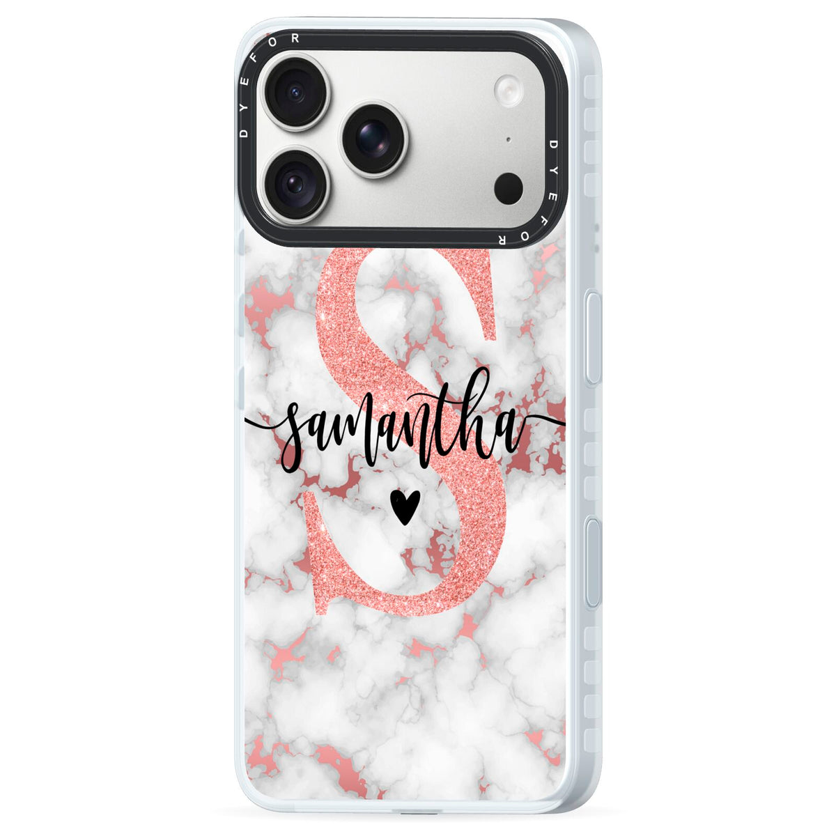 Rose Gold Personalised Marble Glitter Initial Name iPhone 18 Pro Max Black Impact Pre order Case Side Angle on Silver phone
