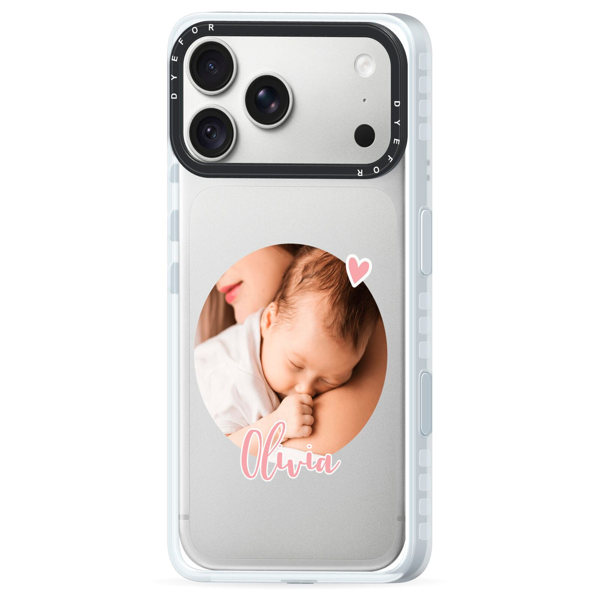 Round Photo Love Upload iPhone 18 Pro Black Impact Pre order Case Side Angle on Silver phone