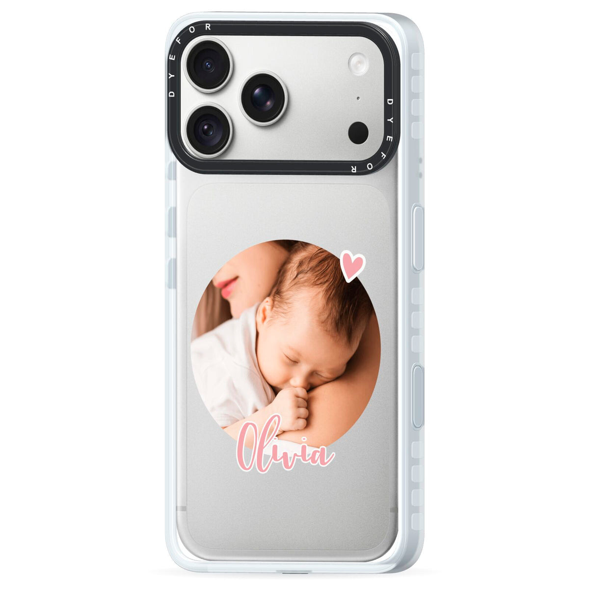 Round Photo Love Upload iPhone 18 Pro Max Black Impact Pre order Case Side Angle on Silver phone