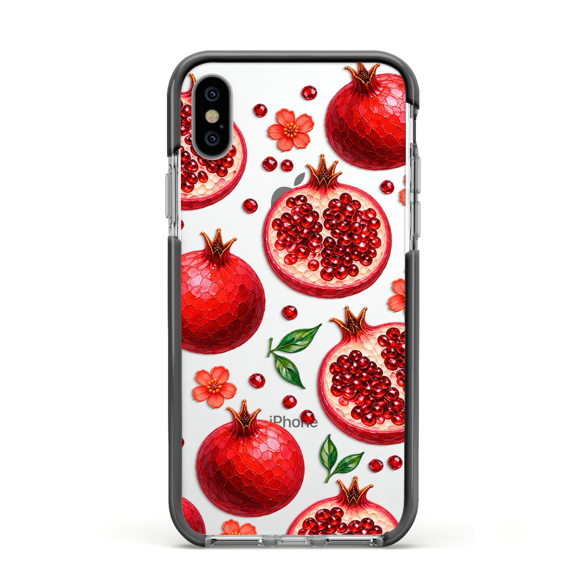 Ruby Orchard Apple iPhone Xs Impact Case Black Edge on Silver Phone