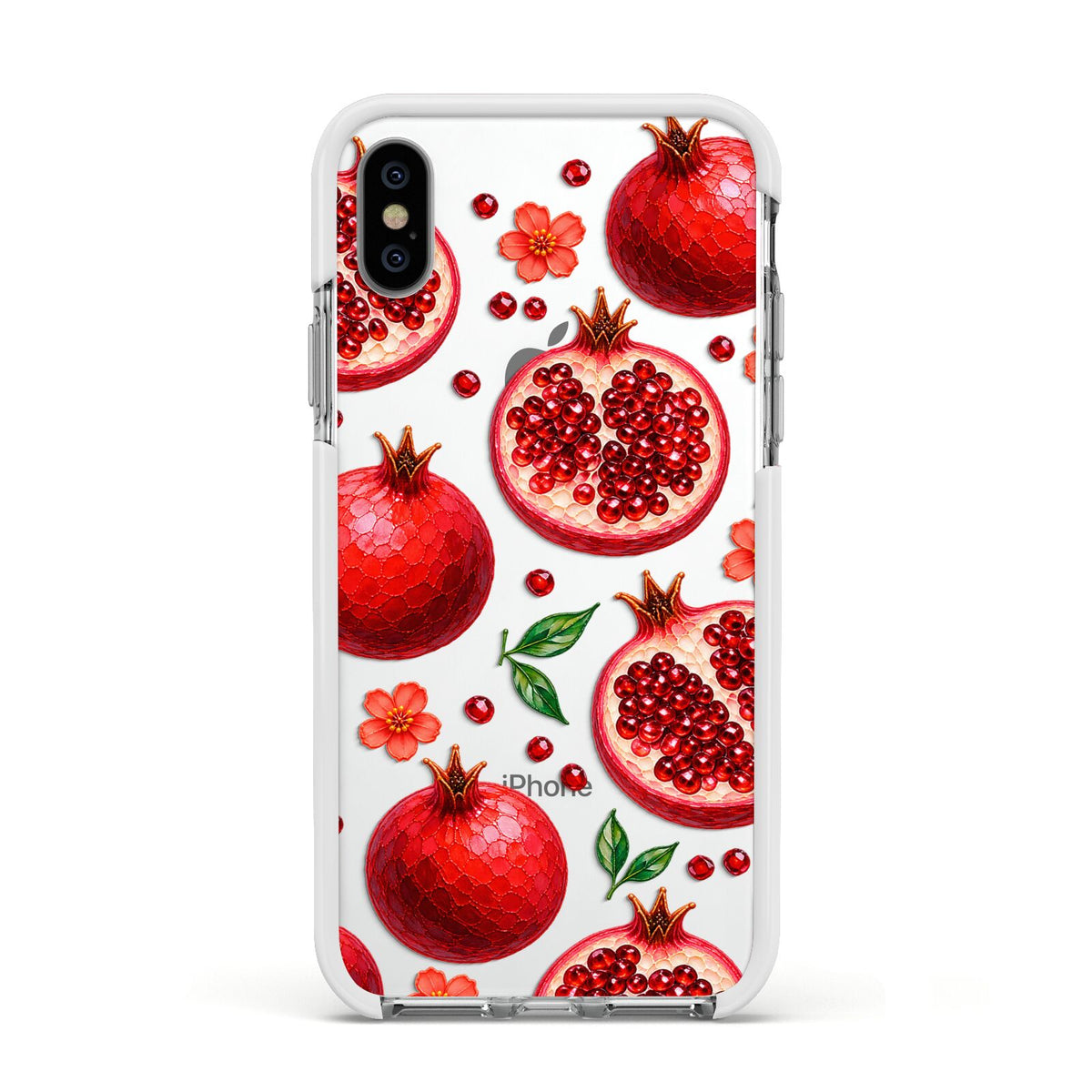 Ruby Orchard Apple iPhone Xs Impact Case White Edge on Silver Phone