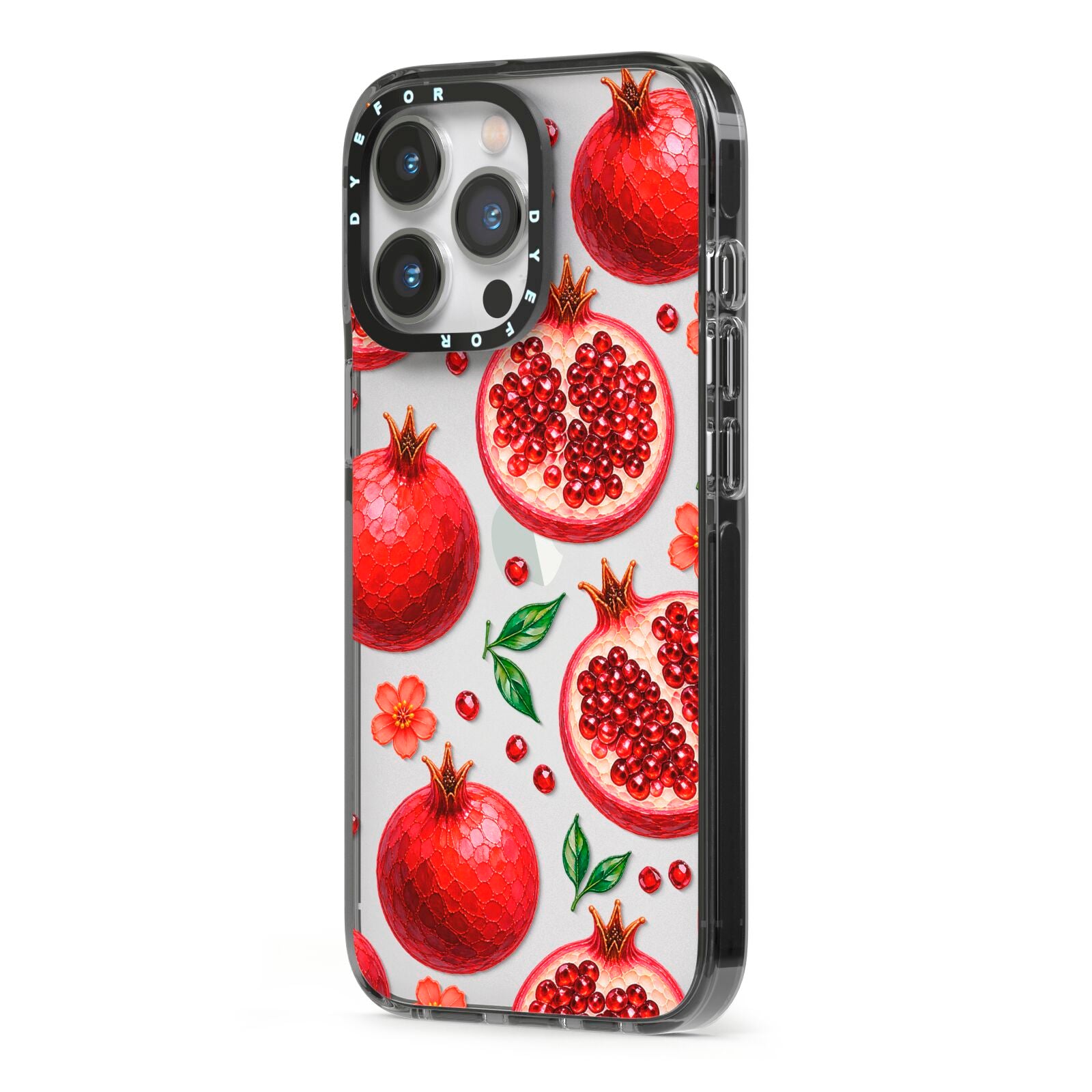 Ruby Orchard iPhone 13 Pro Black Impact Case Side Angle on Silver phone
