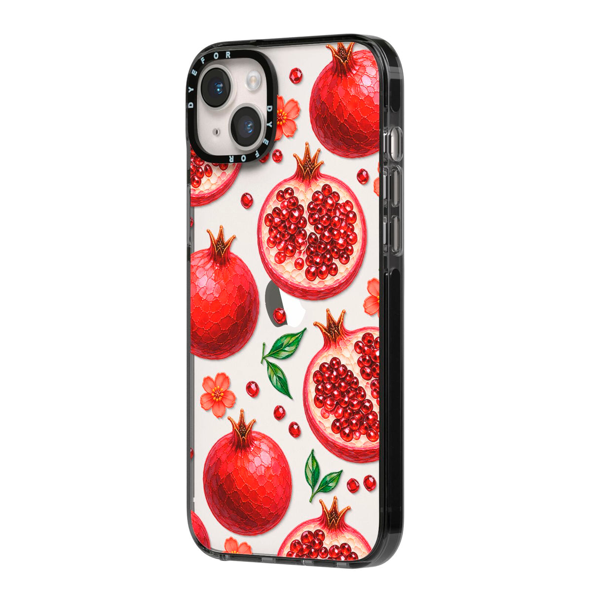 Ruby Orchard iPhone 14 Plus Black Impact Case Side Angle on Silver phone
