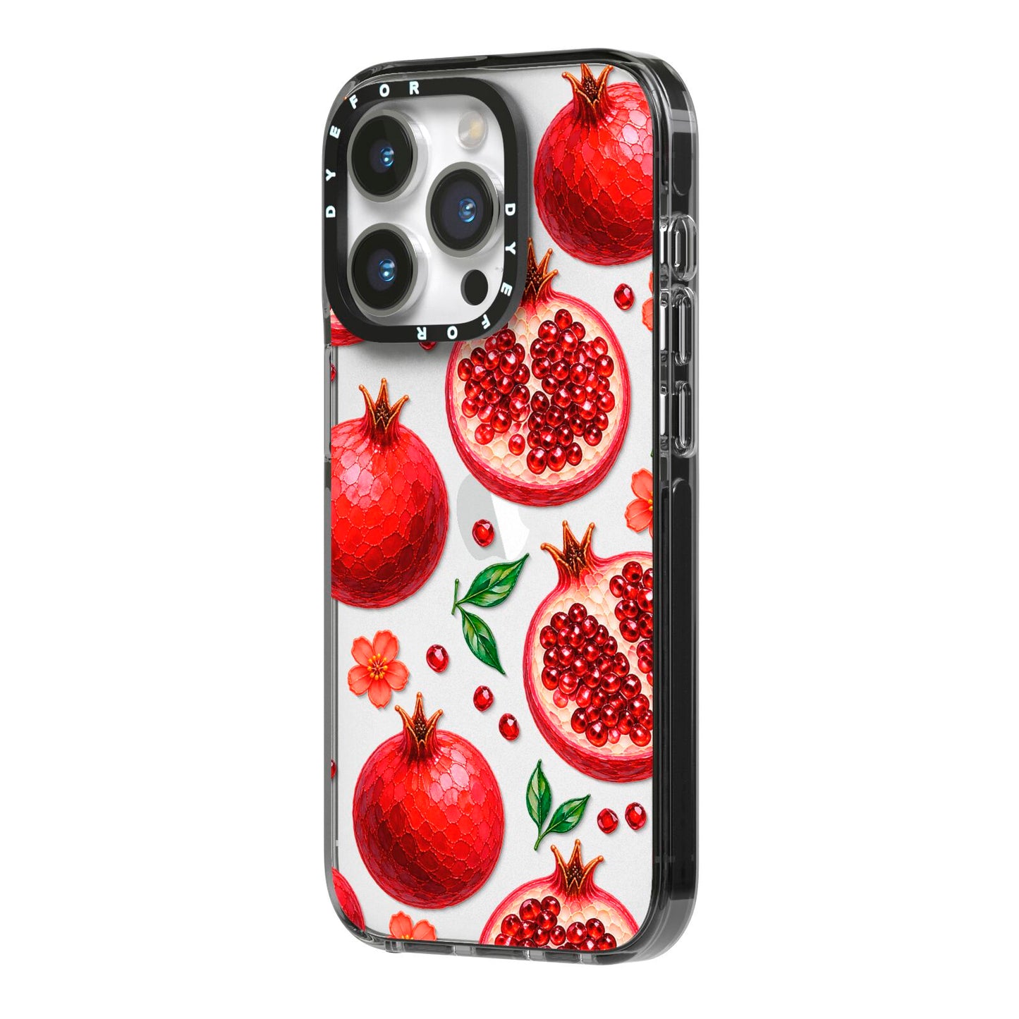 Ruby Orchard iPhone 14 Pro Black Impact Case Side Angle on Silver phone
