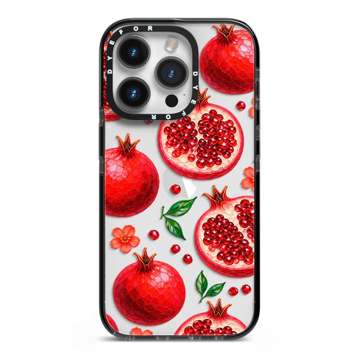 Ruby Orchard iPhone 14 Pro Black Impact Case on Silver phone