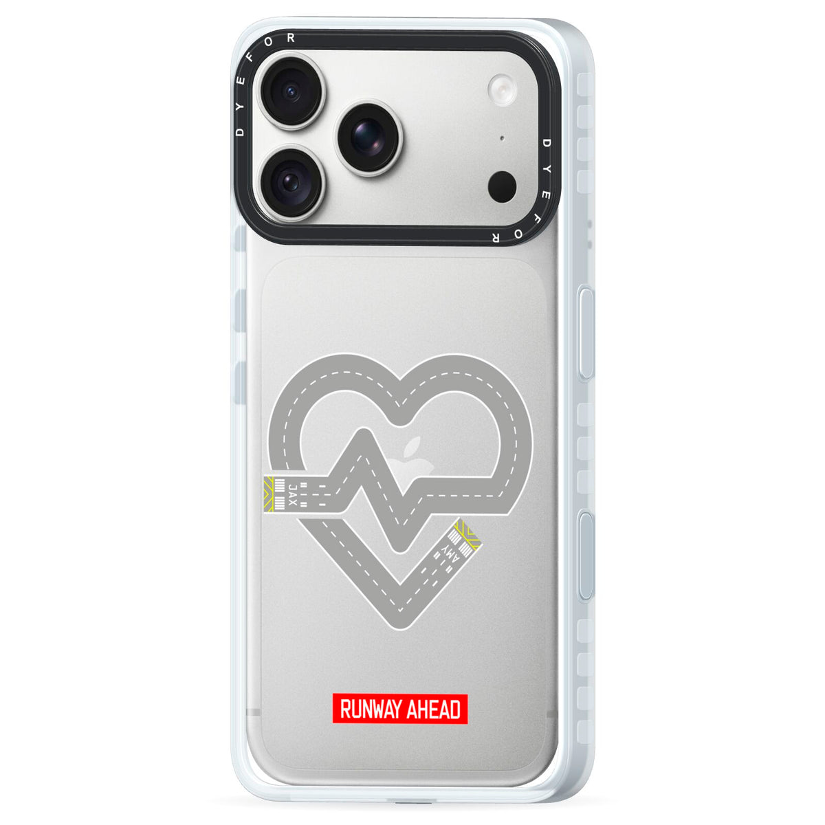 Runway Love Heart iPhone 18 Pro Black Impact Pre order Case Side Angle on Silver phone