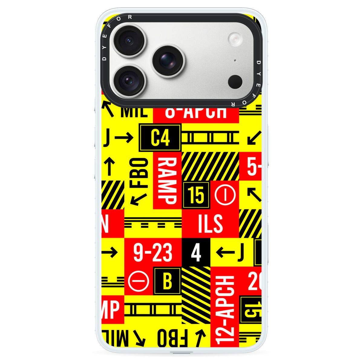 Runway Signs iPhone 18 Pro Black Impact Pre order Case on Silver phone