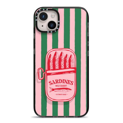 Sardine Tin Stripe iPhone 14 Plus Black Impact Case on Silver phone