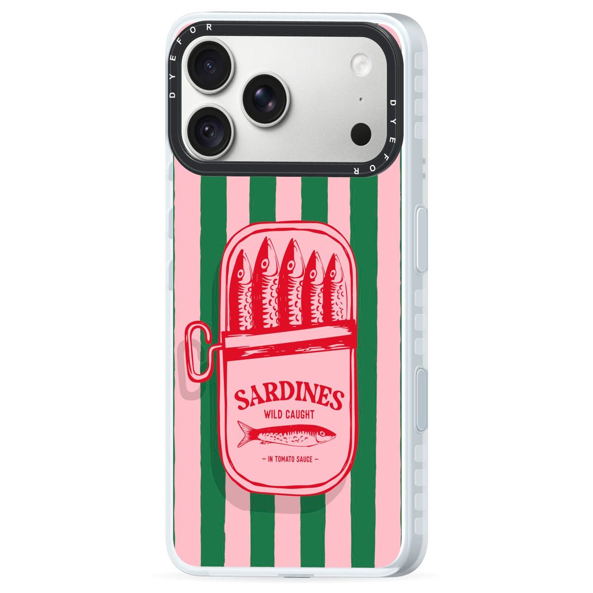 Sardine Tin Stripe iPhone 18 Pro Black Impact Pre order Case Side Angle on Silver phone