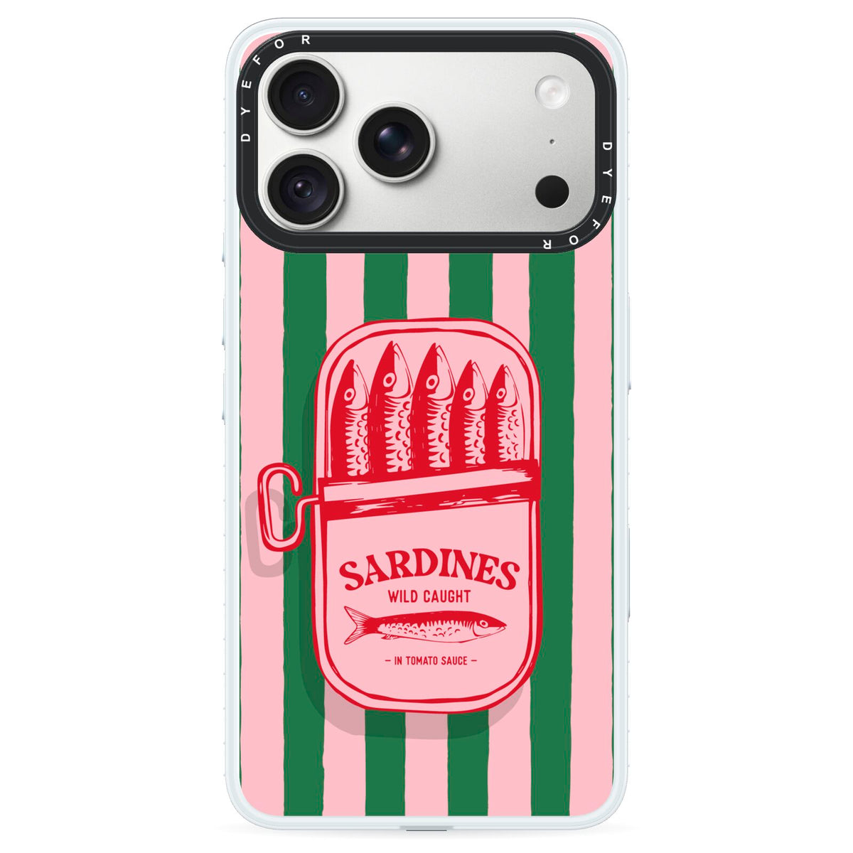 Sardine Tin Stripe iPhone 18 Pro Max Black Impact Pre order Case on Silver phone