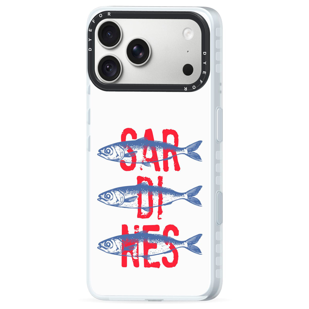 Sardines Word Art iPhone 18 Pro Max Black Impact Pre order Case Side Angle on Silver phone