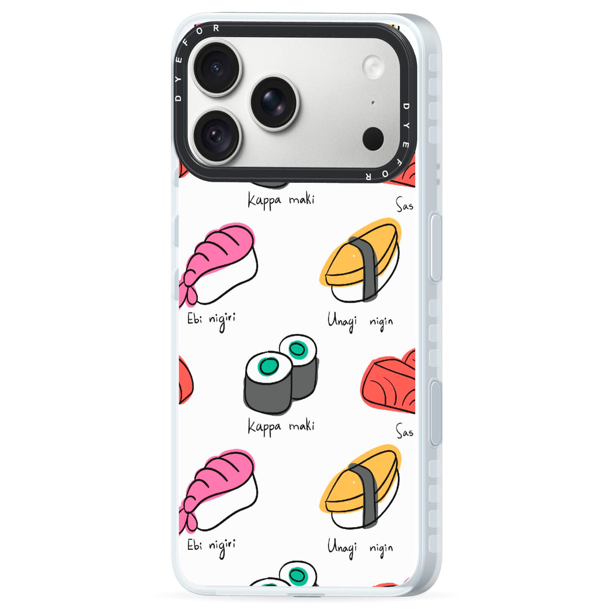 Sashimi Kappa Maki Sushi iPhone 18 Pro Black Impact Pre order Case Side Angle on Silver phone
