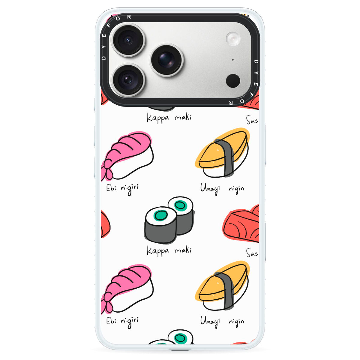 Sashimi Kappa Maki Sushi iPhone 18 Pro Max Black Impact Pre order Case on Silver phone