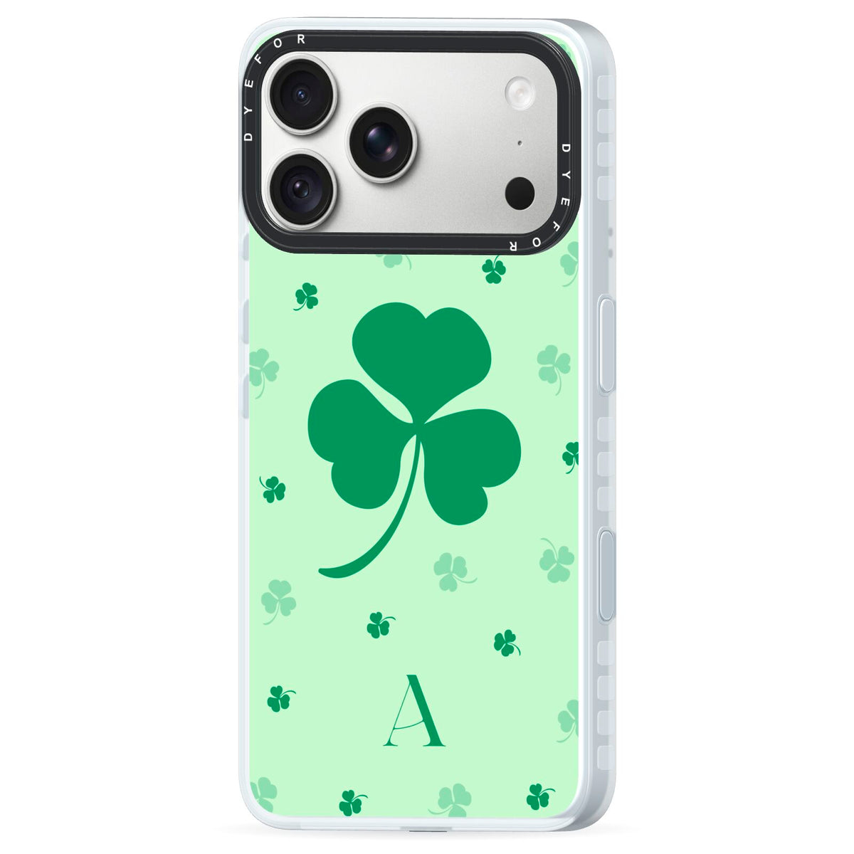 Shamrock Initial Personalised iPhone 18 Pro Black Impact Pre order Case Side Angle on Silver phone