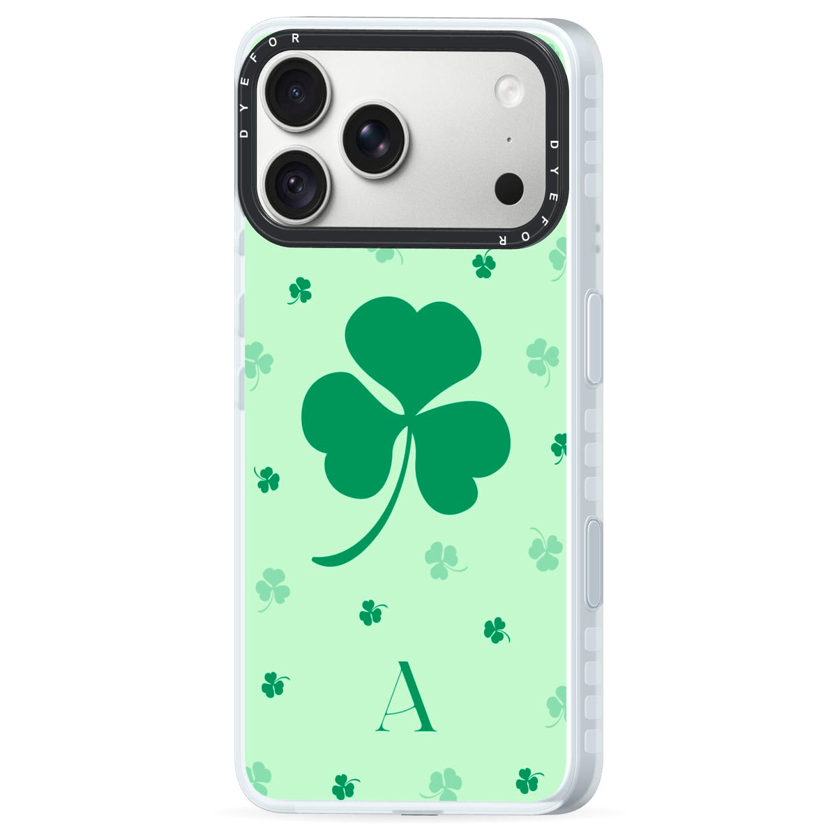 Shamrock Initial Personalised iPhone 18 Pro Max Black Impact Pre order Case Side Angle on Silver phone