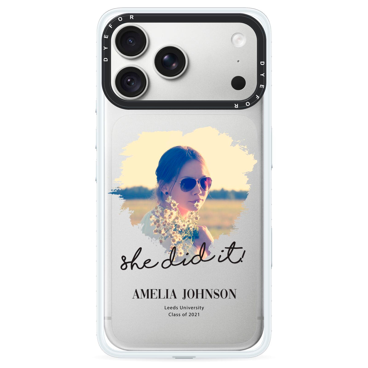 She Did It Graduation Photo with Name iPhone 18 Pro Black Impact Pre order Case on Silver phone
