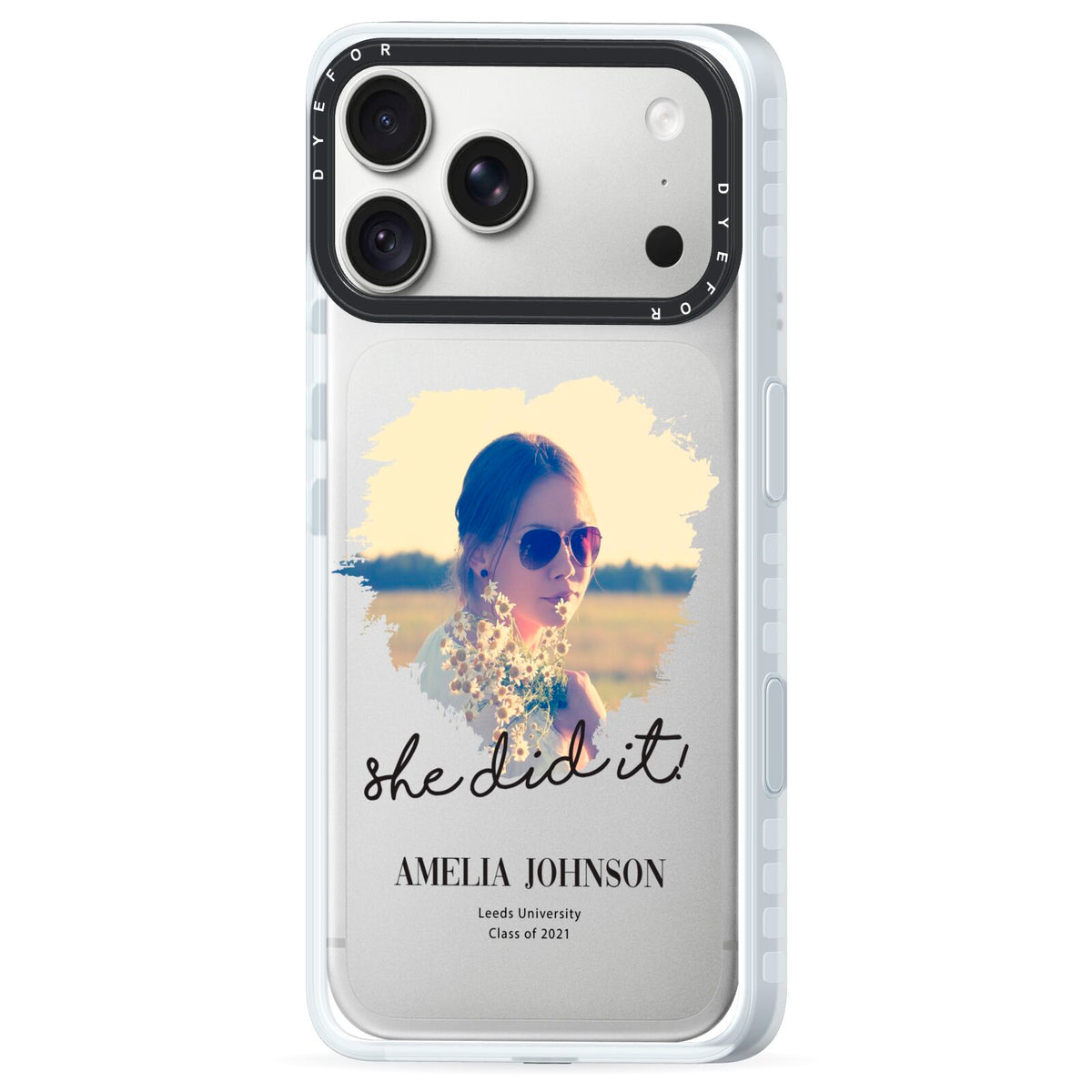 She Did It Graduation Photo with Name iPhone 18 Pro Max Black Impact Pre order Case Side Angle on Silver phone