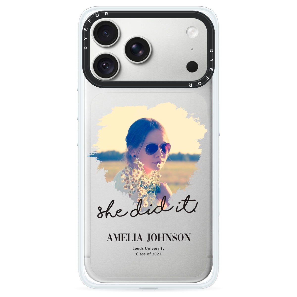She Did It Graduation Photo with Name iPhone 18 Pro Max Black Impact Pre order Case on Silver phone