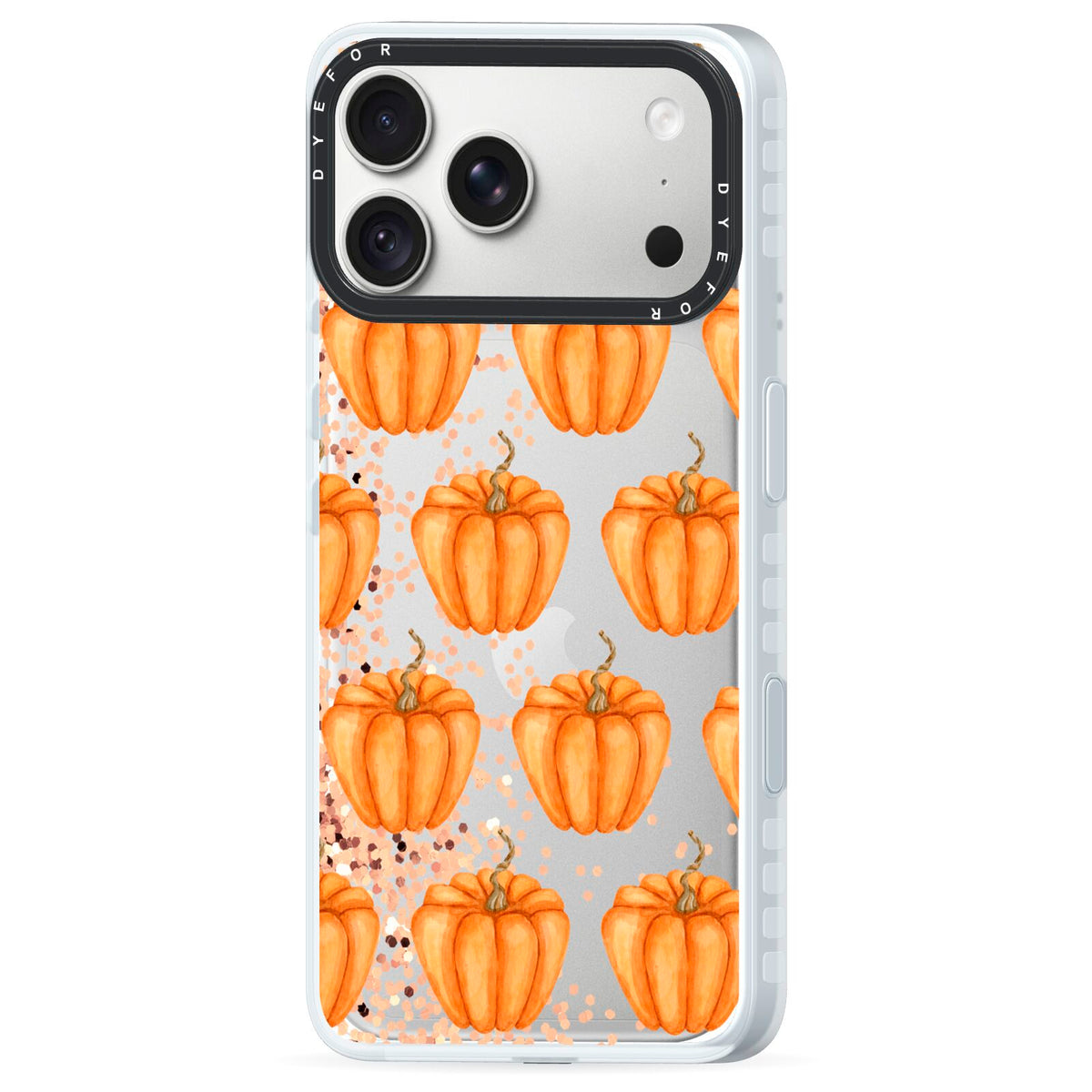 Shimmery Pumpkins iPhone 18 Pro Max Black Impact Pre order Case Side Angle on Silver phone